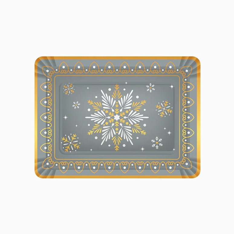 Bandeja Rectangular Cartón Navidad 25 x 34 cm Copo de Nieve Plata y Dorado (1 ud)