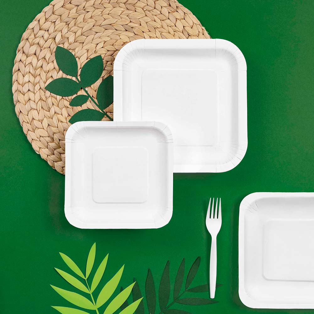Plato Llano Cuadrado Cartón Biodegradable 23 x 23 cm Blanco (300 uds)