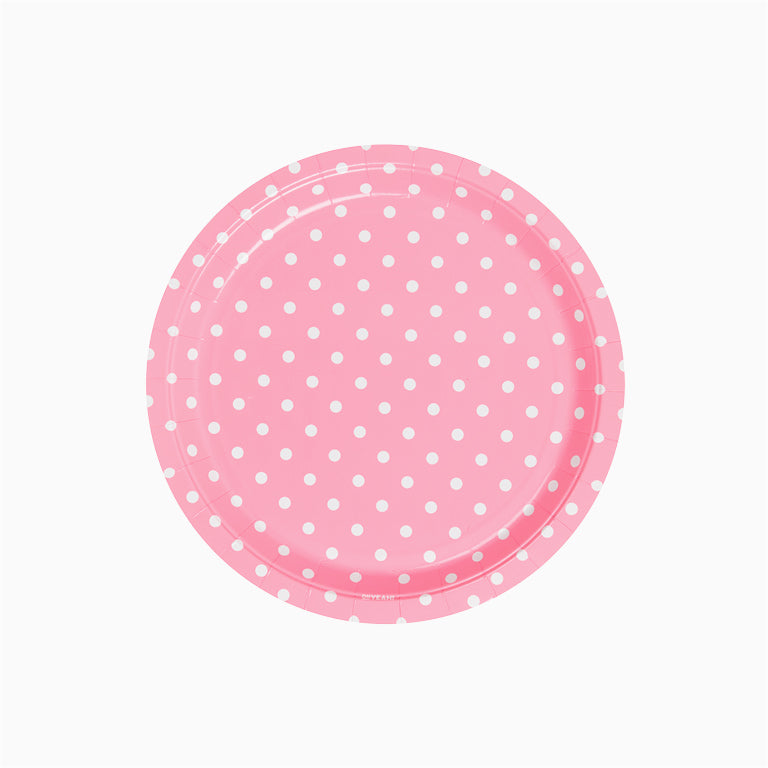 Plato Cartón Llano Redondo Lunares  Ø23 cm Rosa Pastel 6 uds