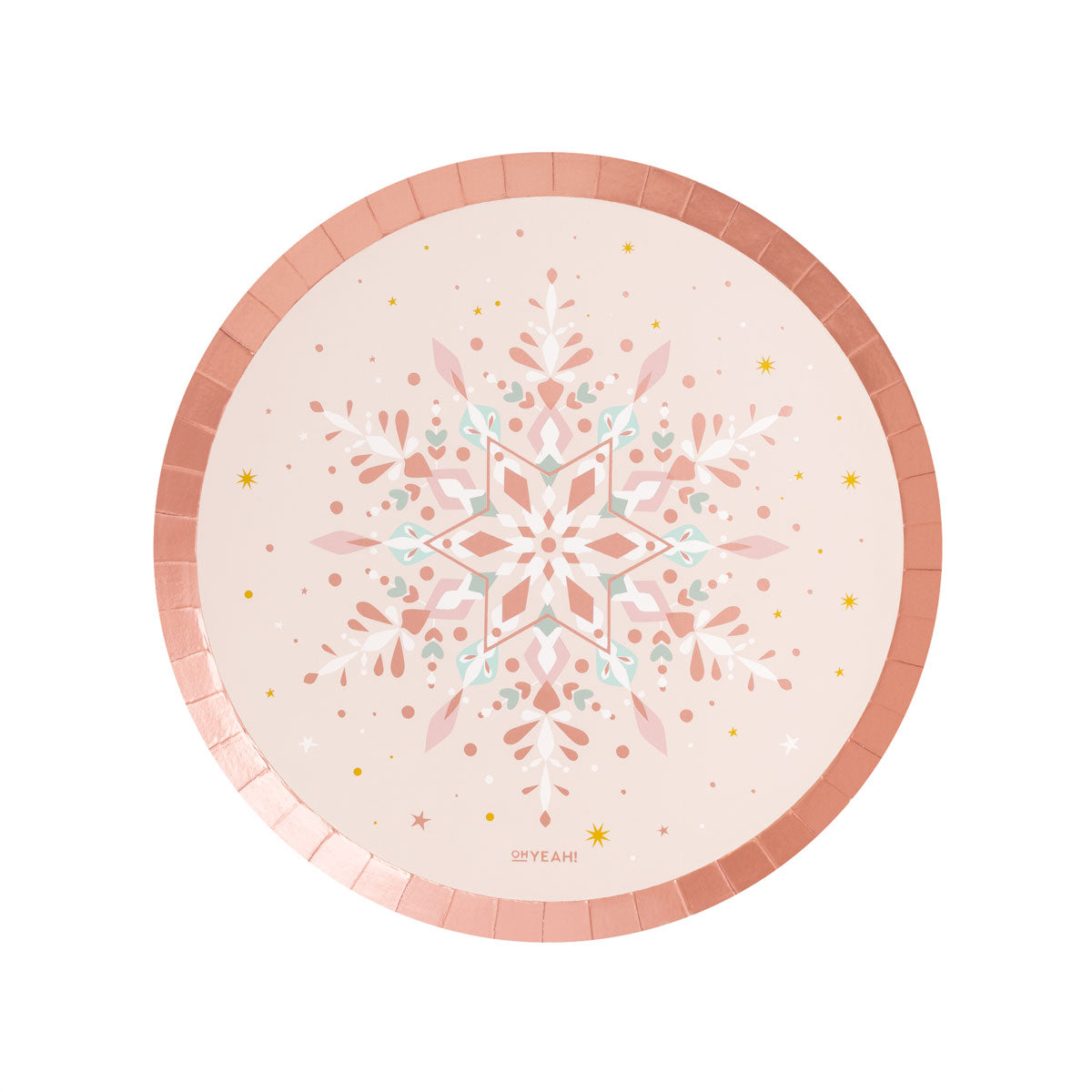 Plato Cartón Llano Navidad Ø23 cm Copo Nieve Oro Rosa Borde Slim 6 uds