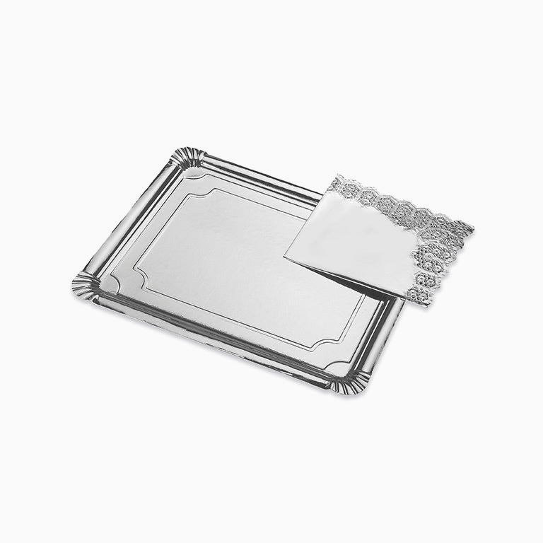Bandeja Cartón Blonda Rectangular Grande 34 x 42 cm Plata