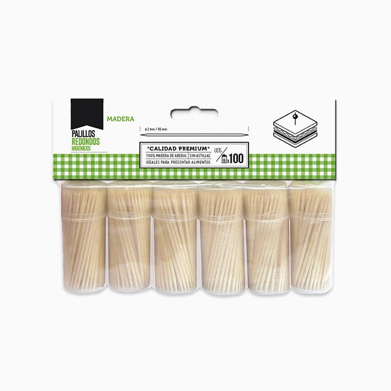 Bote Palillos Redondos Madera Pack 600 uds Repartidas 6 Botes