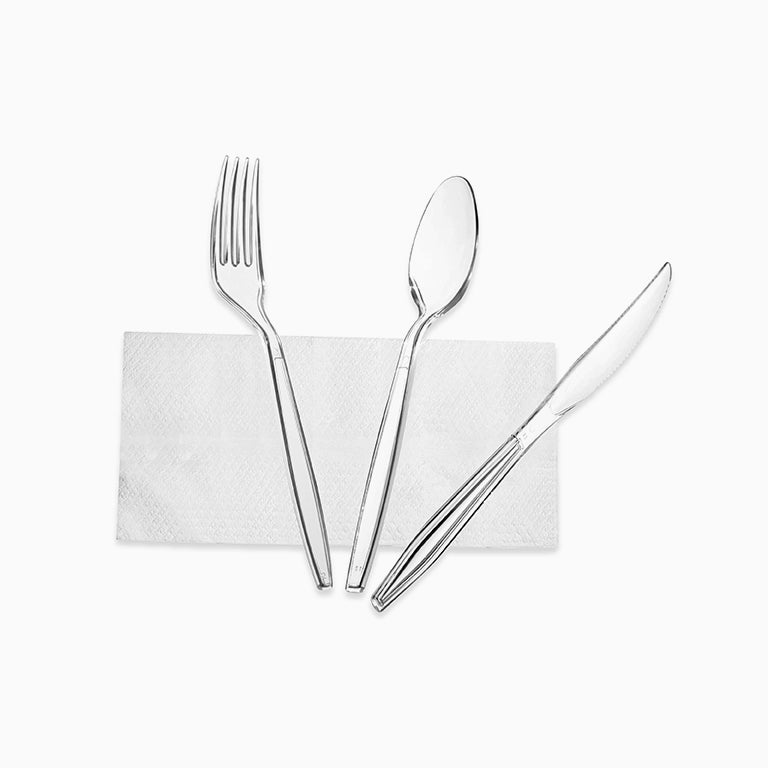 Set Plástico Reutilizable Servilleta, Cuchara, Cuchillo Y Tenedor 19.6 cm Transparente