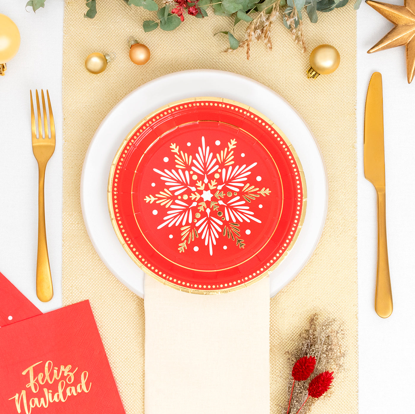 Plato Cartón Llano Postre Navidad Ø18 cm Copo de Nieve Rojo