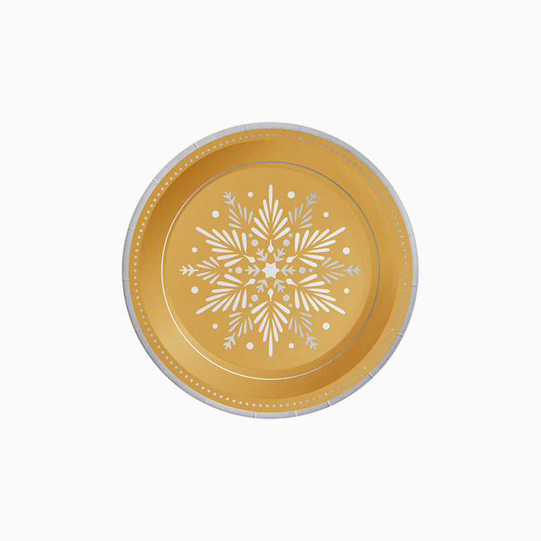 Plato Cartón Llano Postre Navidad Ø 18 cm Copo de Nieve Oro
