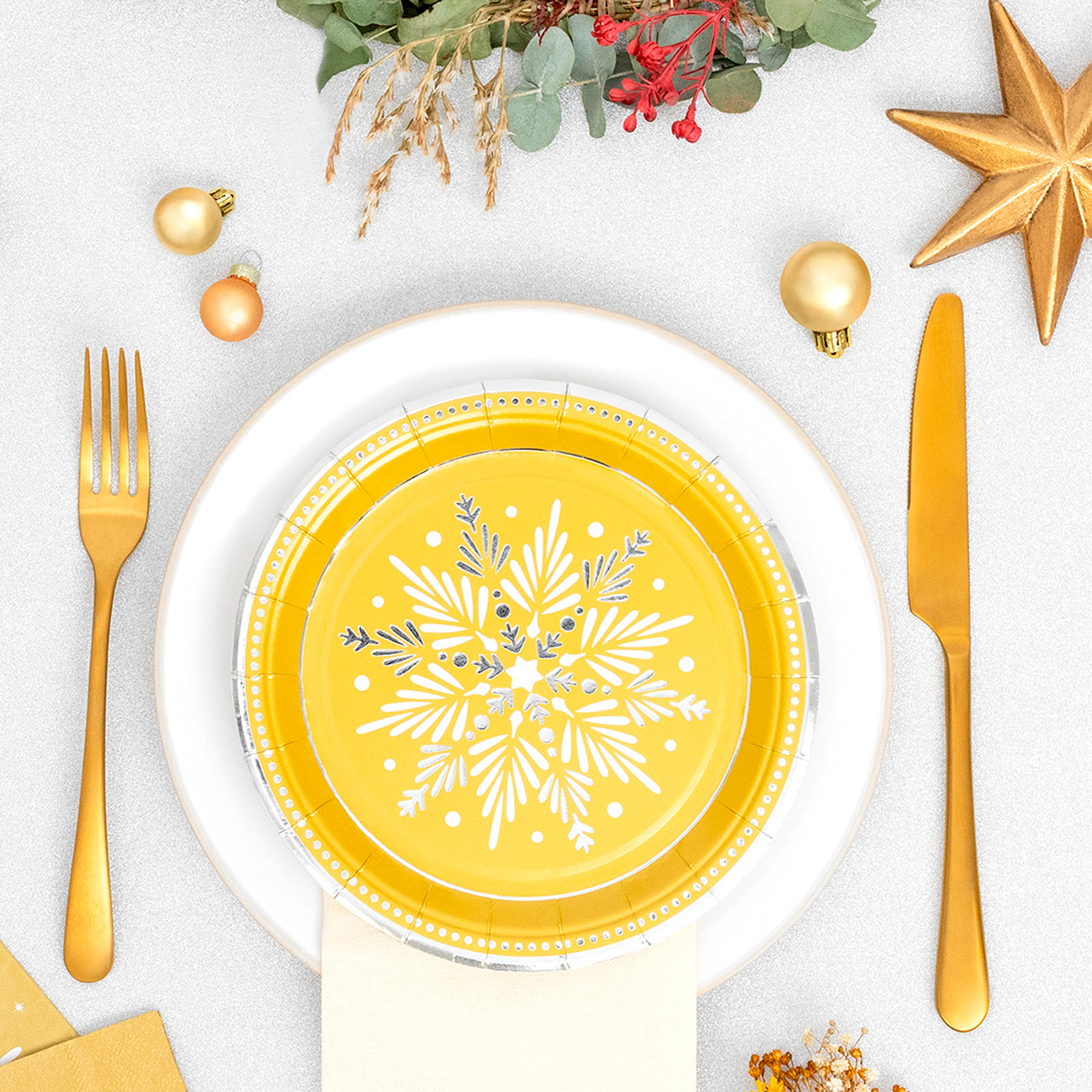 Plato Cartón Llano Postre Navidad Ø 18 cm Copo de Nieve Oro