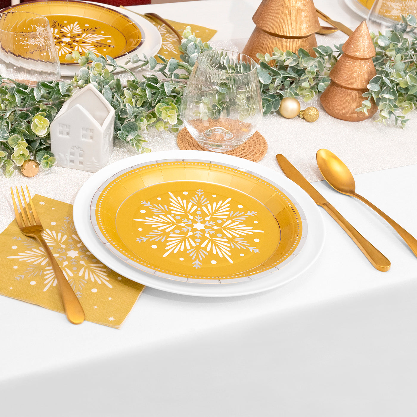 Plato Cartón Llano Postre Navidad Ø 18 cm Copo de Nieve Oro