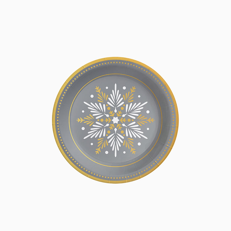Plato Cartón Llano Postre Navidad Ø18 cm Copo de Nieve Plata 8 uds