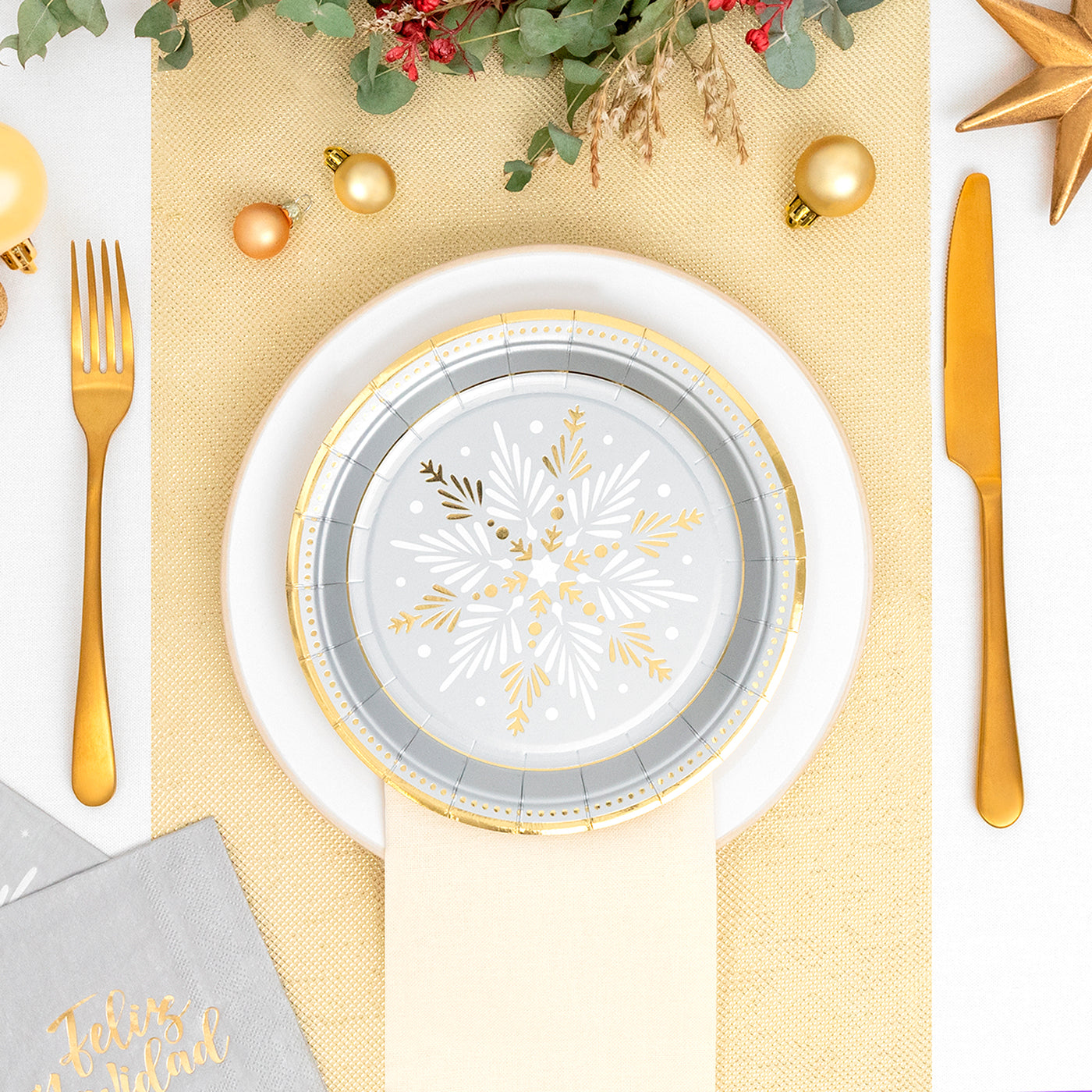 Plato Cartón Llano Postre Navidad Ø18 cm Copo de Nieve Plata 8 uds