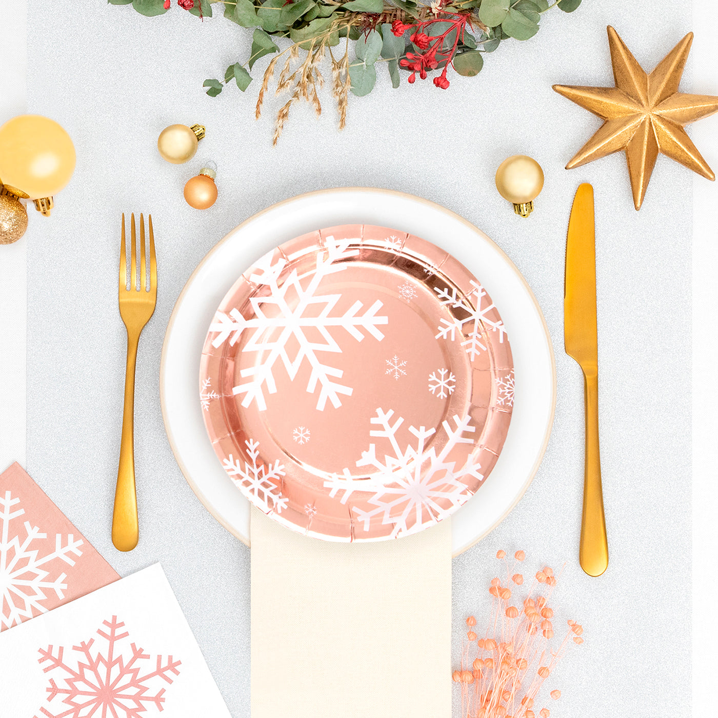 Plato Cartón Llano Navidad Ø 23 cm Copo Nieve Oro Rosa