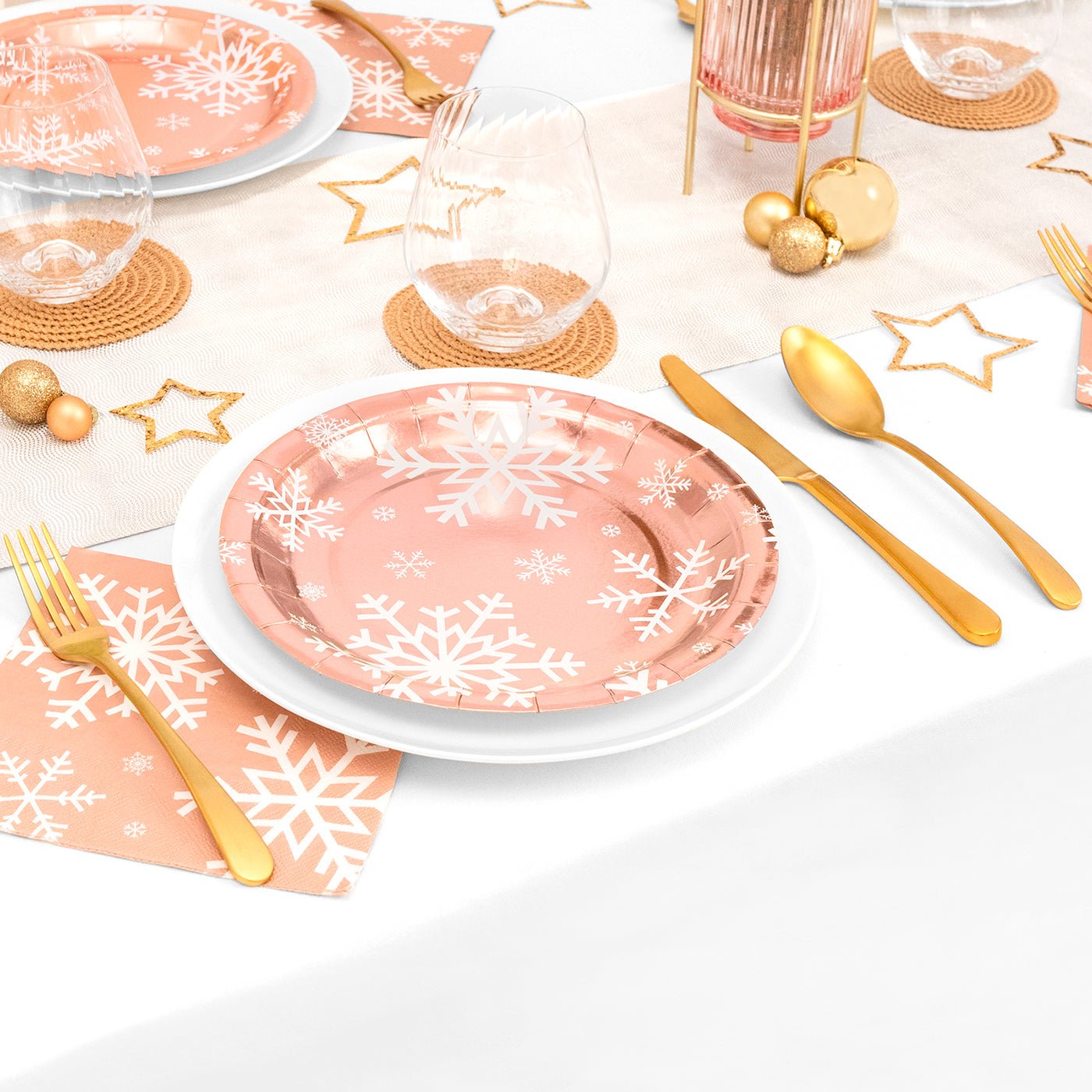 Plato Cartón Llano Navidad Ø 23 cm Copo Nieve Oro Rosa