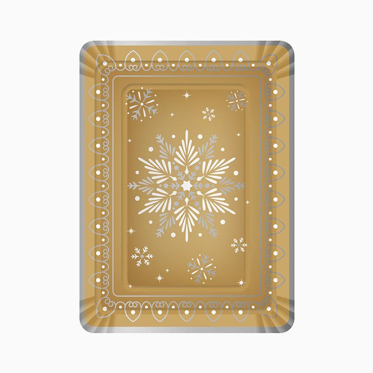 Bandeja Rectangular Cartón Navidad 25 x 34 cm Copo de Nieve Dorado y Blanco (1 ud)