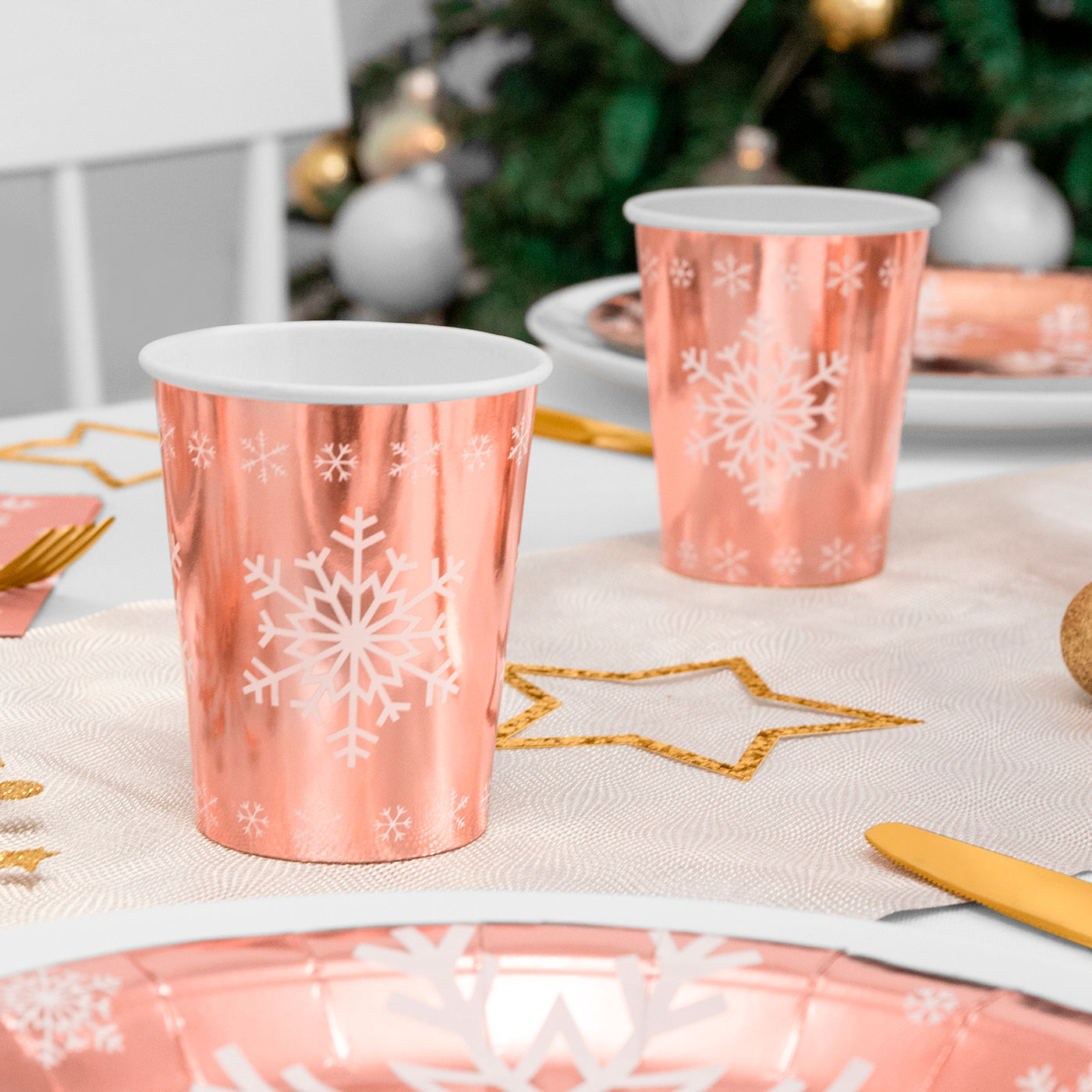 Vaso Navidad 270cc Copo de Nieve Metalizado Oro Rosa