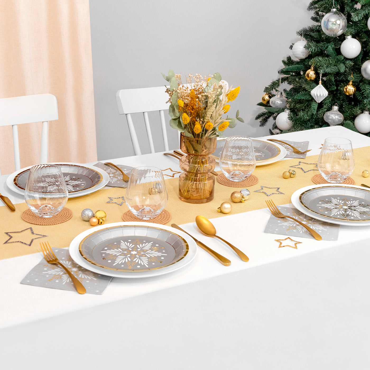 Plato Cartón Llano Postre Navidad Ø18 cm Copo de Nieve Plata 8 uds