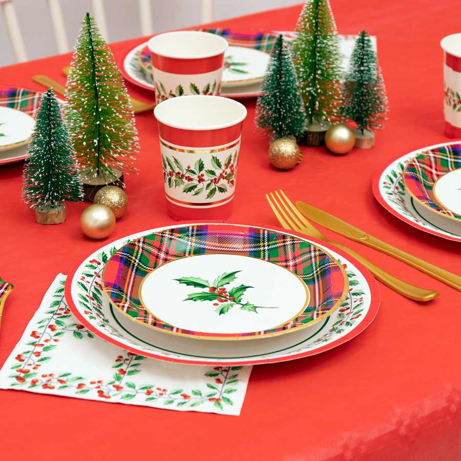 Plato Cartón Llano Redondo Postre Navidad Ø18 cm Acebo 8 uds