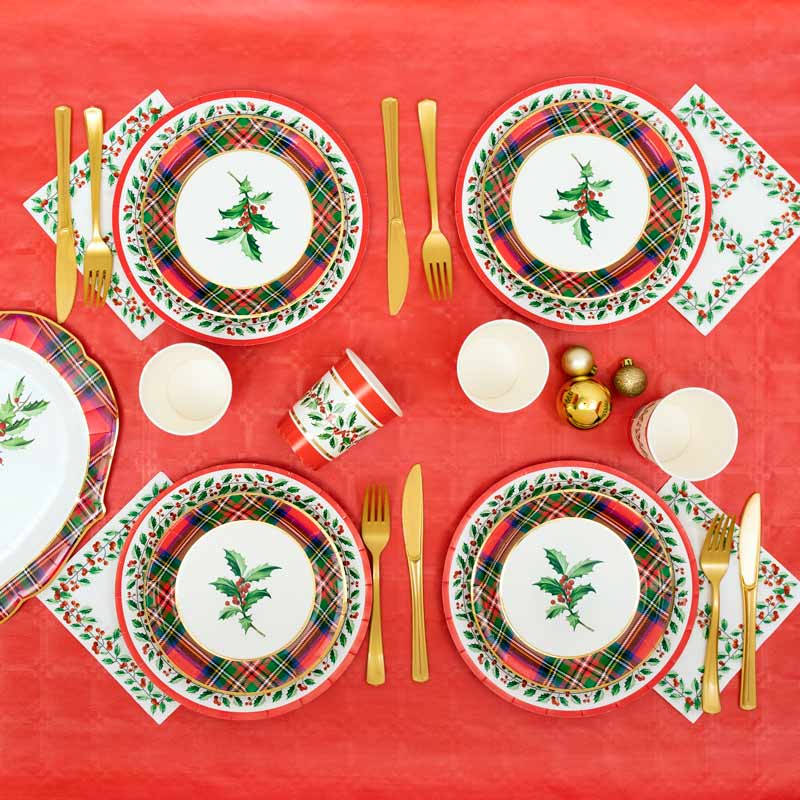 Plato Cartón Llano Redondo Postre Navidad Ø18 cm Acebo 8 uds