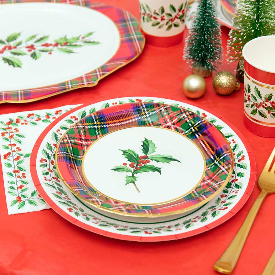 Plato Cartón Llano Redondo Postre Navidad Ø18 cm Acebo 8 uds