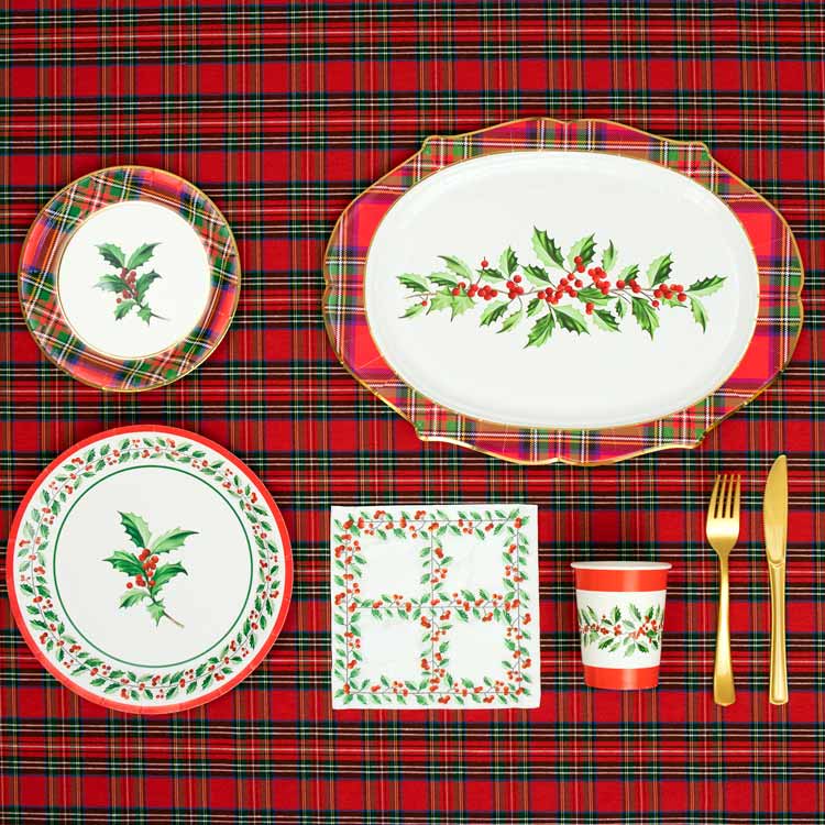Plato Cartón Llano Redondo Postre Navidad Ø18 cm Acebo 8 uds