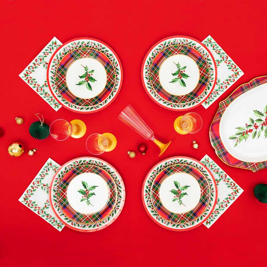 Plato Cartón Llano Redondo Postre Navidad Ø18 cm Acebo 8 uds