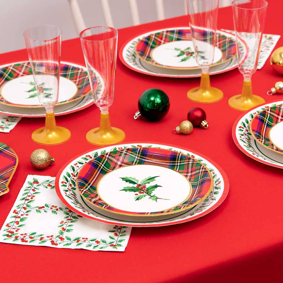Plato Cartón Llano Redondo Postre Navidad Ø18 cm Acebo 8 uds