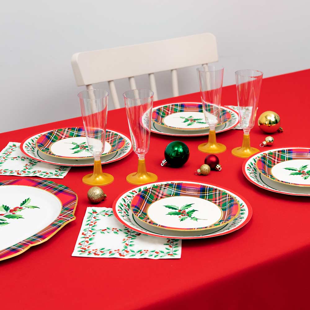 Plato Cartón Llano Redondo Postre Navidad Ø18 cm Acebo 8 uds