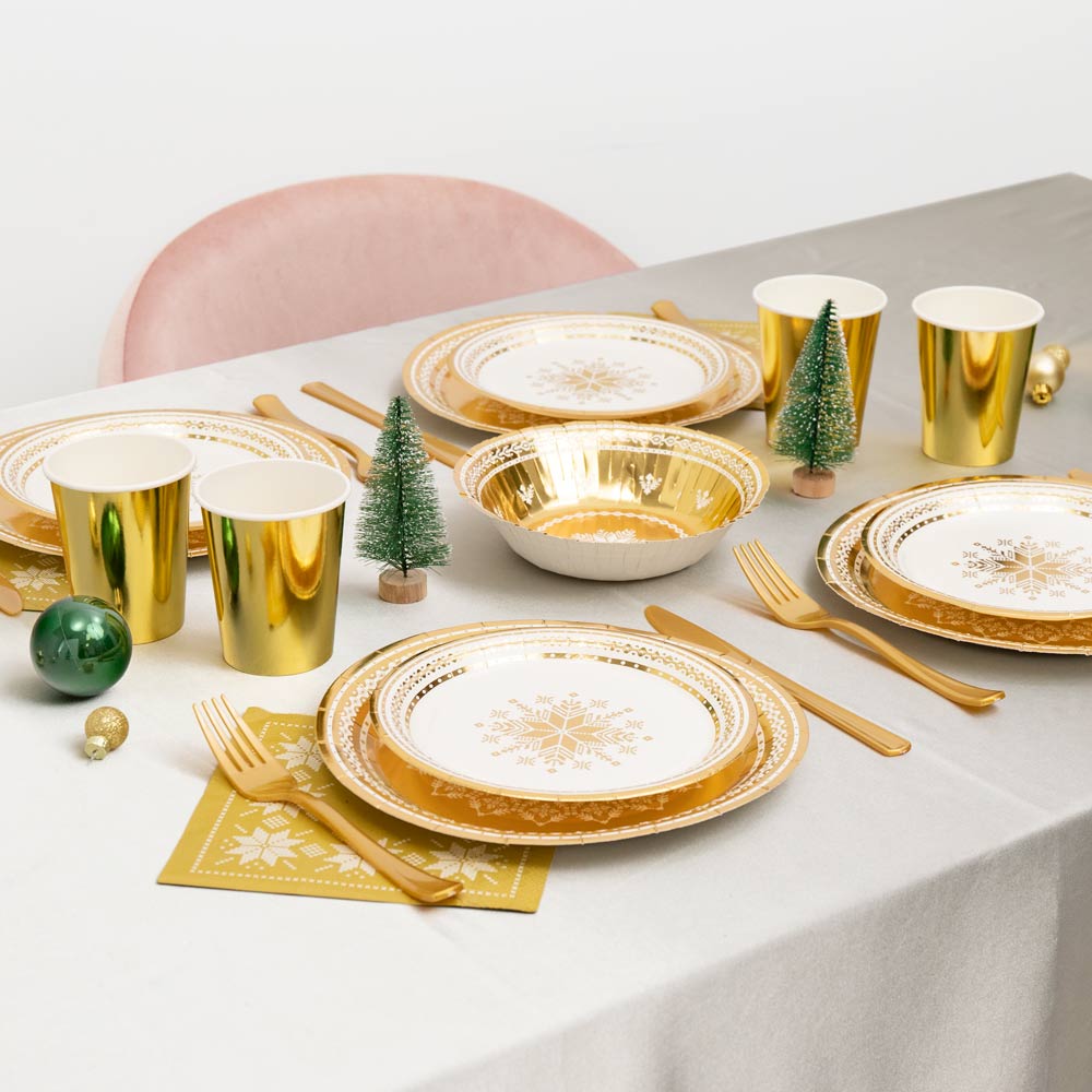 Plato Cartón Llano Postre Navidad Ø18 cm Bordado Oro 8 uds