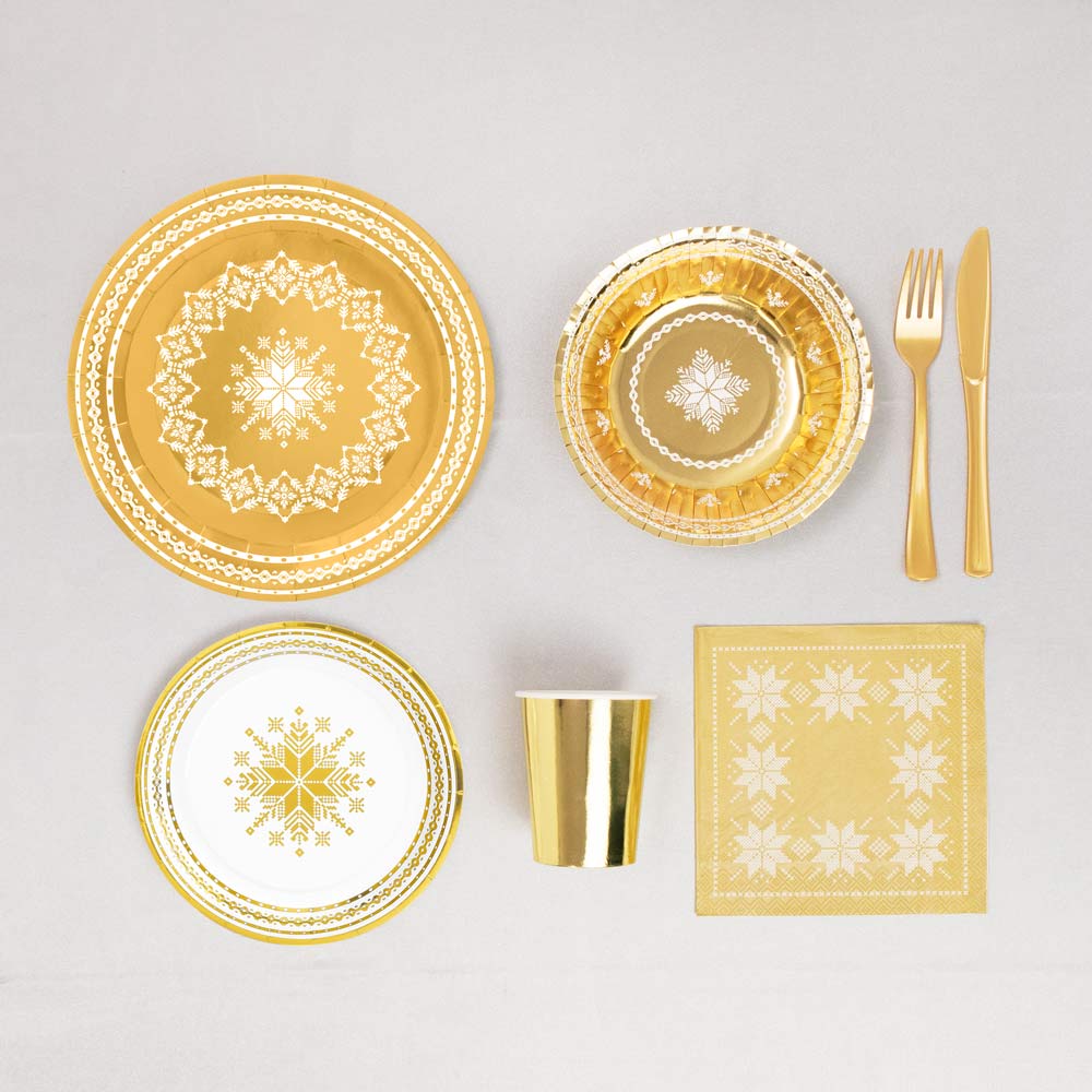 Plato Cartón Llano Postre Navidad Ø18 cm Bordado Oro 8 uds