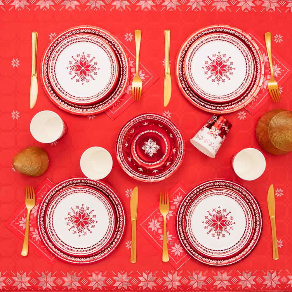 Plato Cartón Llano Postre Navidad Ø18 cm Bordado Rojo 8 uds