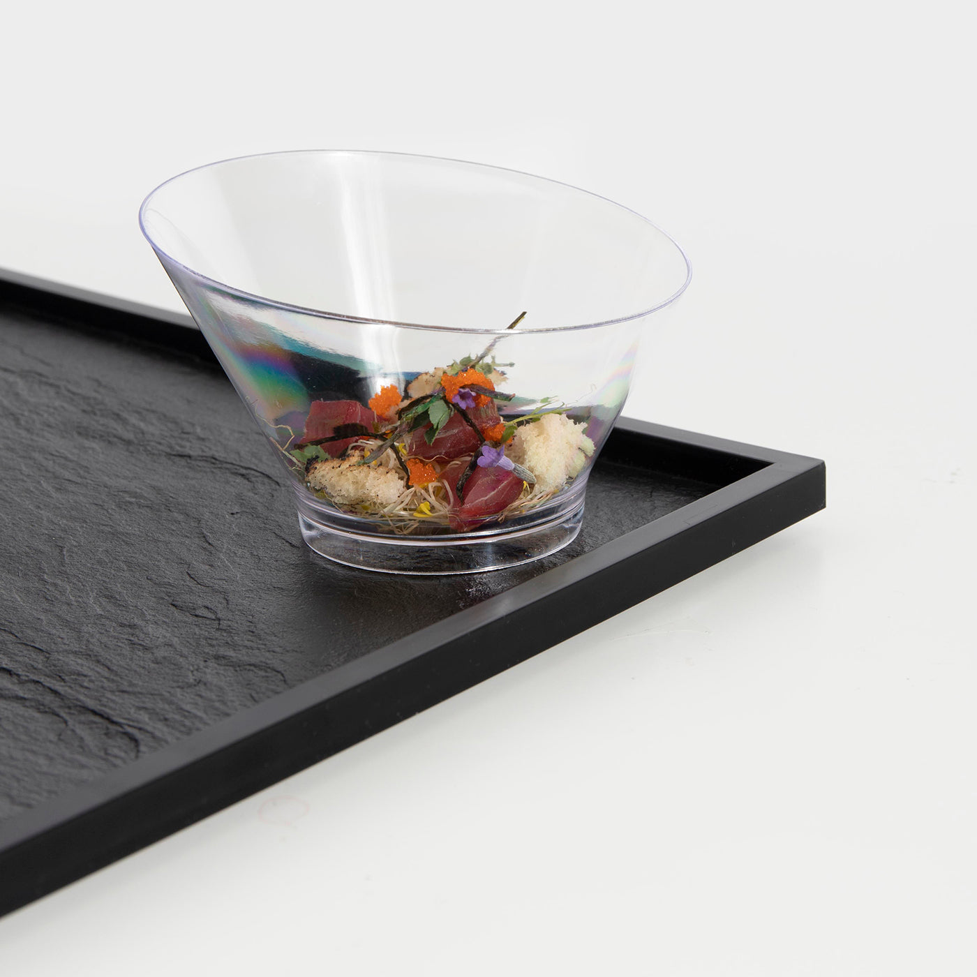 Mini Bol Redondo Asimétrico Plástico Reutilizable PS Finger Food 250cc Transparente 25 uds